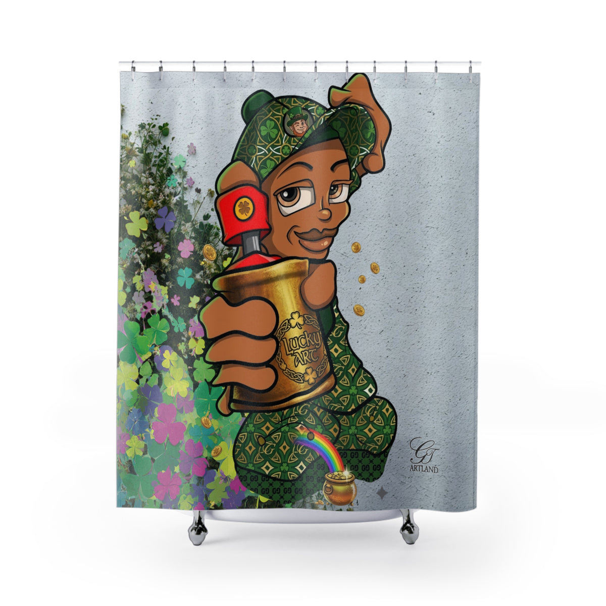 Shamrock Graffiti Spray can kid Shower Curtain | Lucky Spray Paint Design by GT Artland