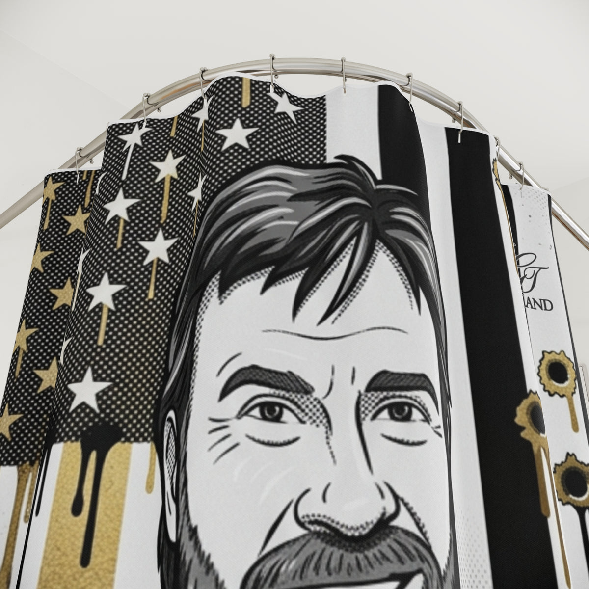 Retro Chuck Norris Action Hero Portrait Shower Curtain | American Flag, Bullet Holes by GT Artland