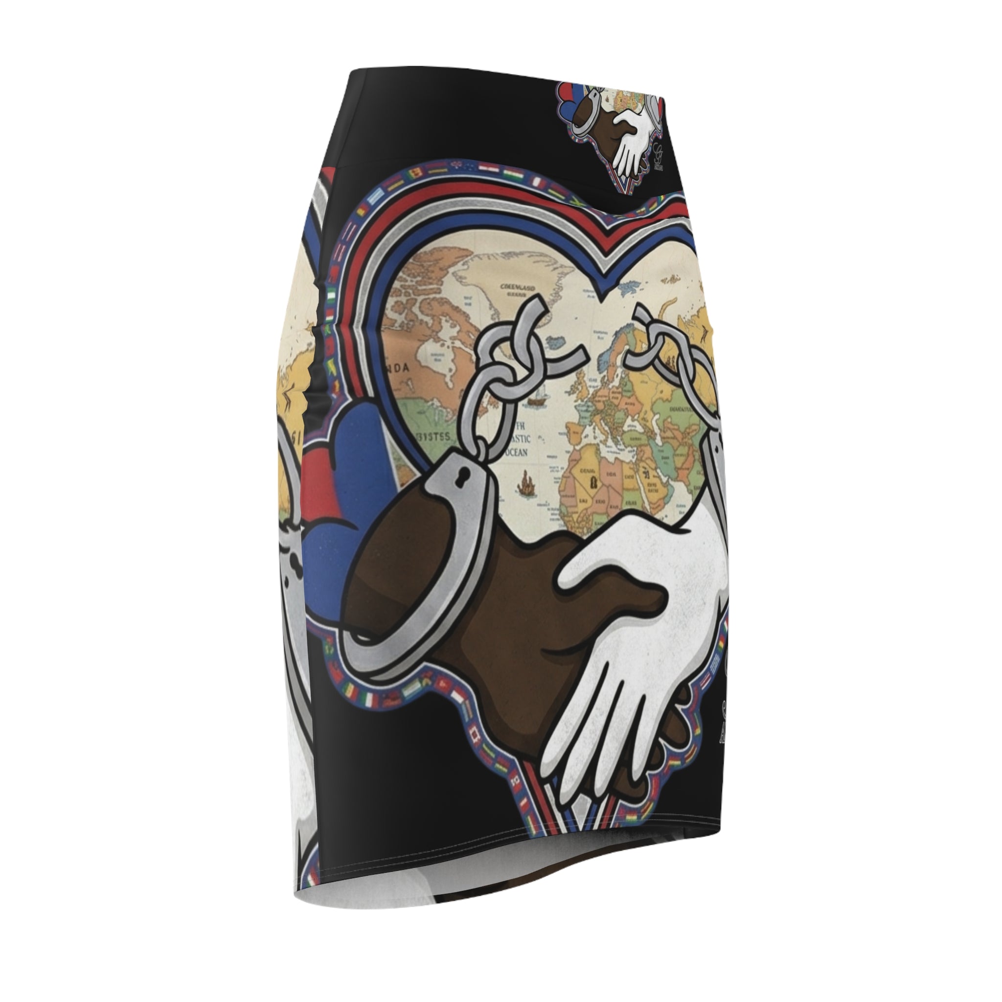 Interracial Unity Heart with Handcuffs Pencil Skirt | World Map Artwork by GT Artland