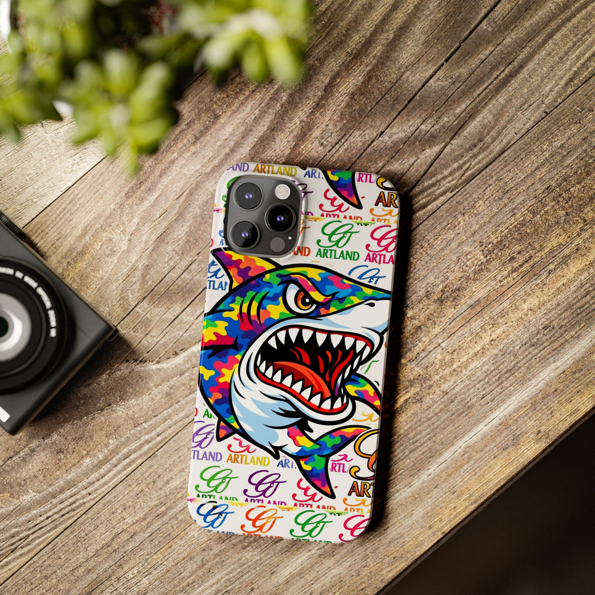 Colorful Camo Designer Shark GT Slim Phone Case | Vibrant Graphic, Artland Logo Background by GT Artland