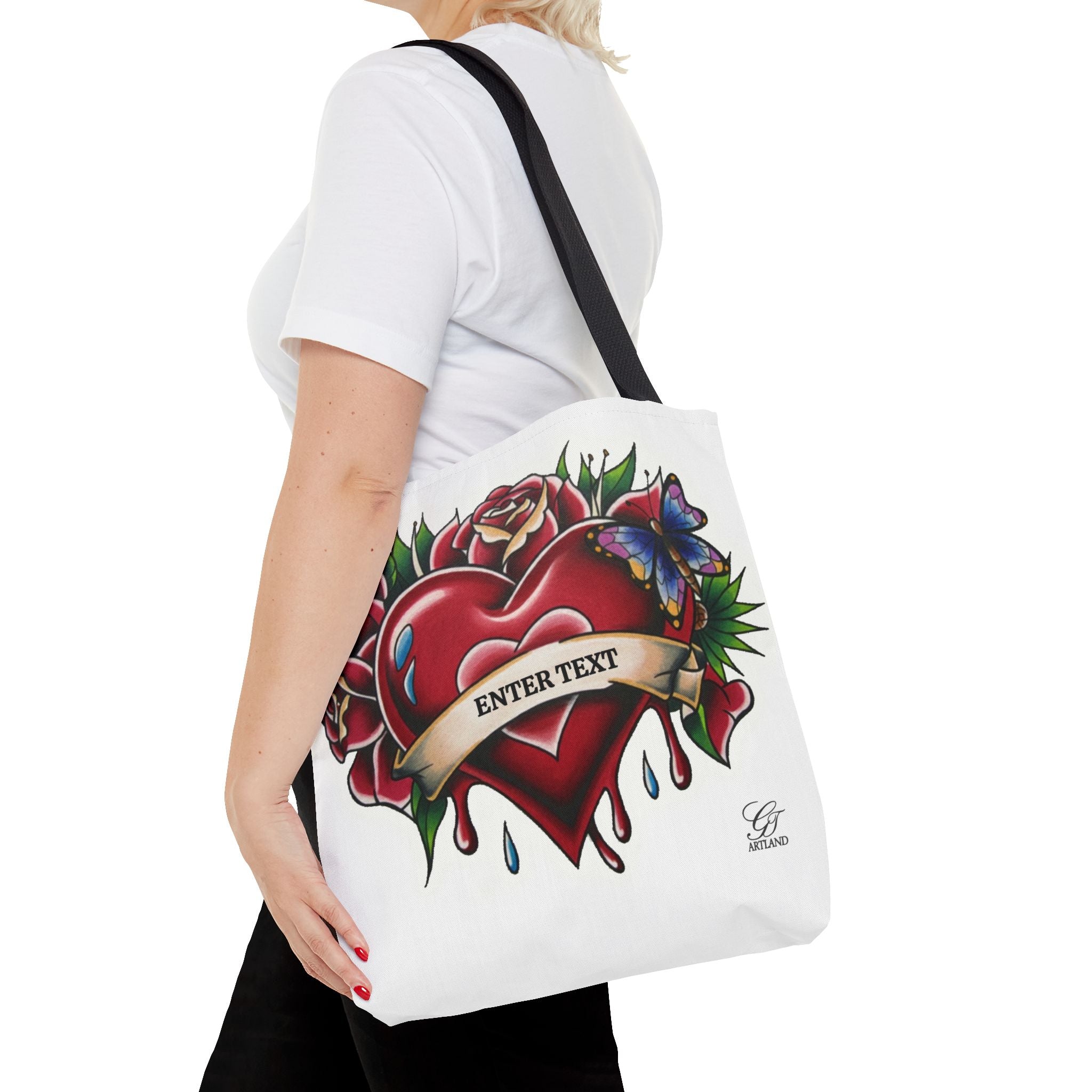 Vintage Tattoo Heart Tote Bag  Custom Banner "Enter Text" by GT Artland
