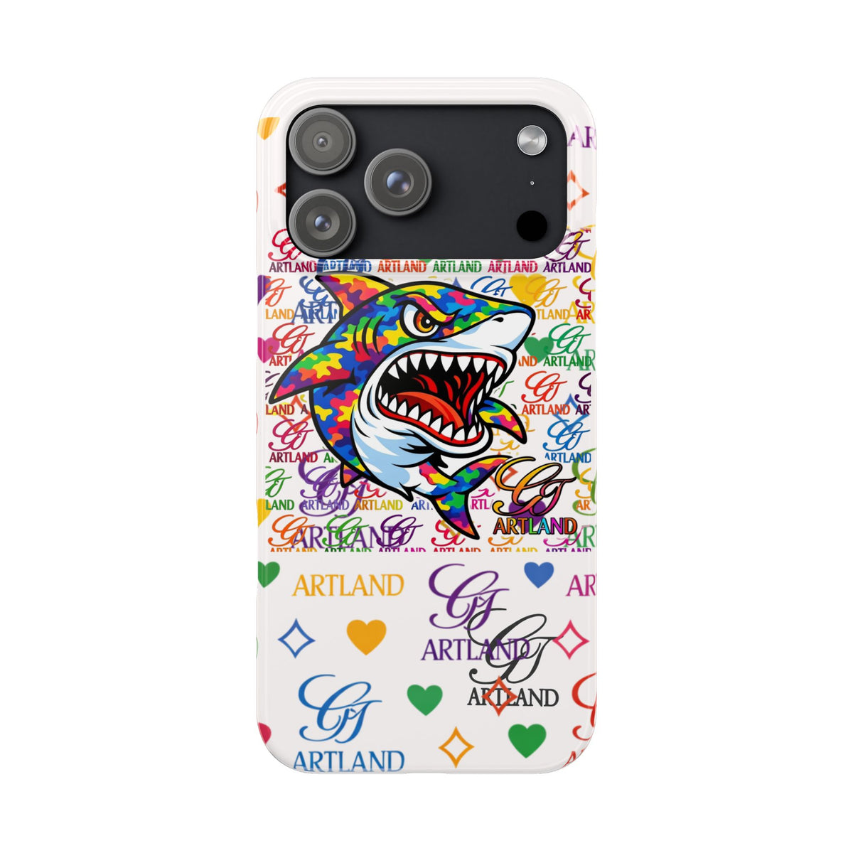 Colorful Designer Shark GT Illustration Slim Phone Case | Rainbow Logo Pattern by GT Artland
