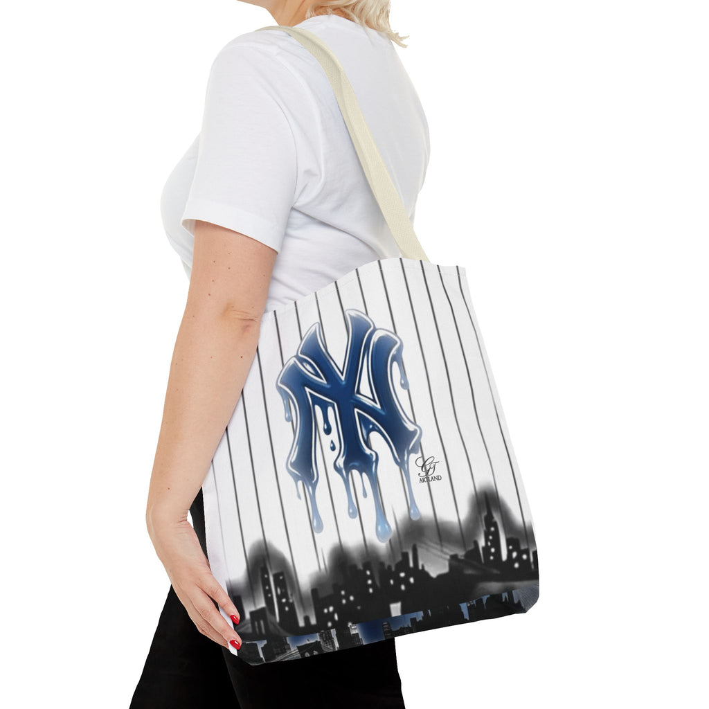 Drip NY Fan Gear Logo Pinstripe Tote Bag — Urban Baseball Cityscape by GT Artland
