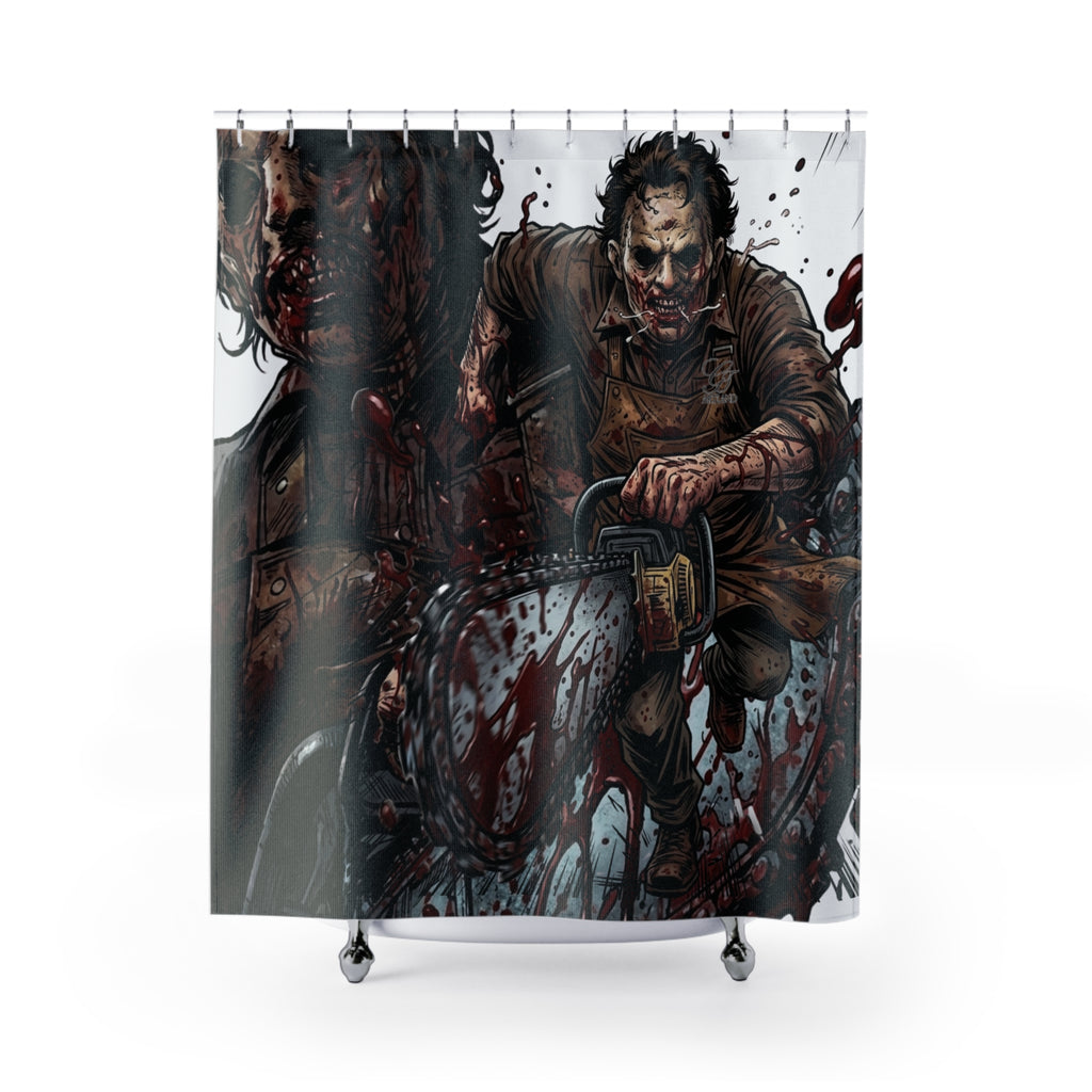 Leatherface Chainsaw Horror Shower Curtain | Bloody Slasher Bathroom Decor by GT Artland