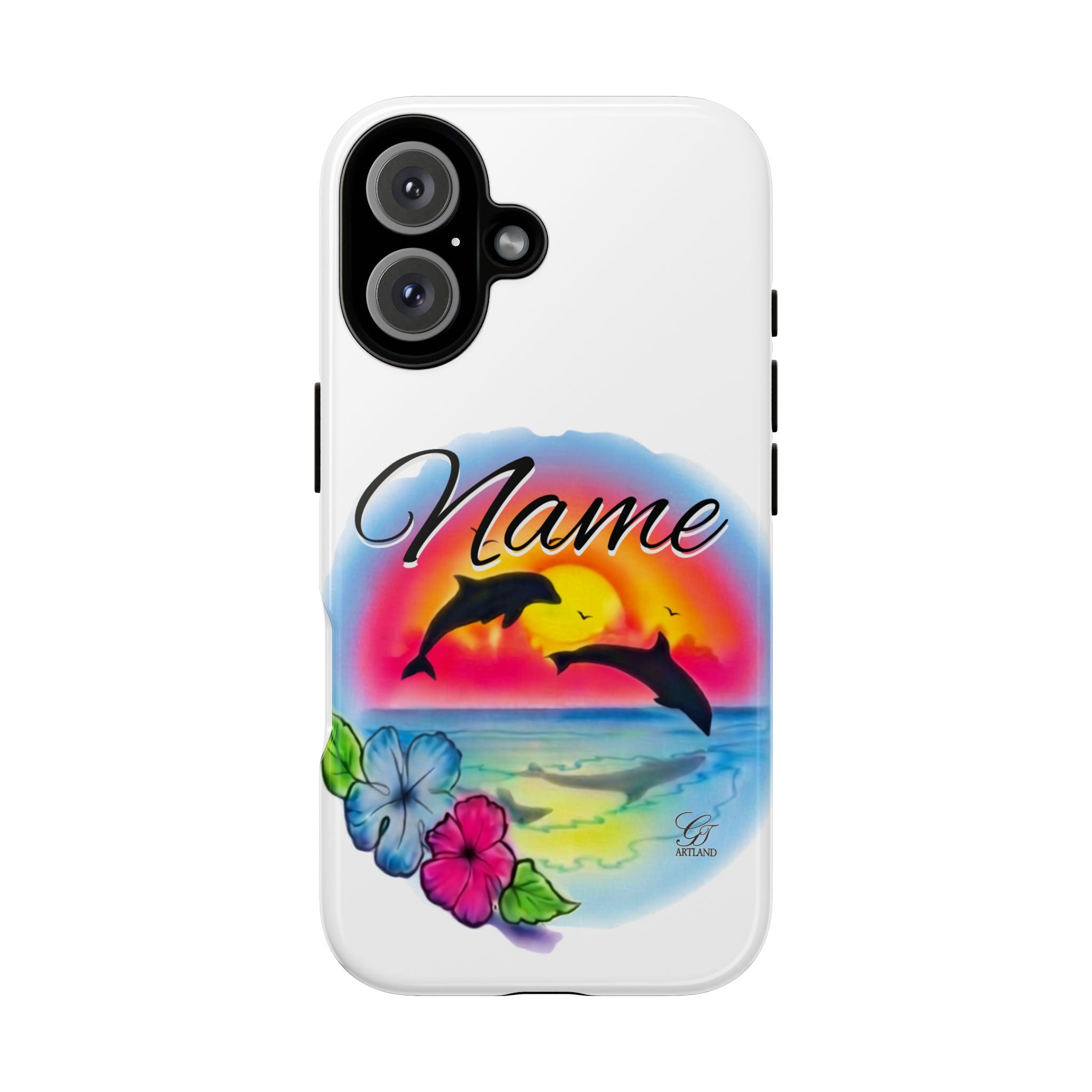 Dolphin Sunset Name Phone Case | Personalized Tough Case, Floral Beach Design by GT Artland