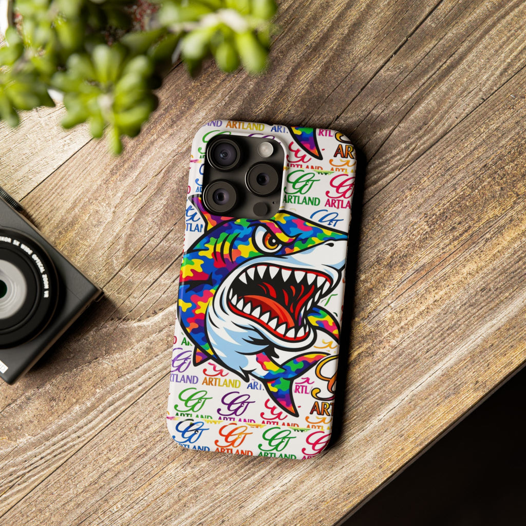 Colorful Camo Designer Shark GT Slim Phone Case | Vibrant Graphic, Artland Logo Background by GT Artland