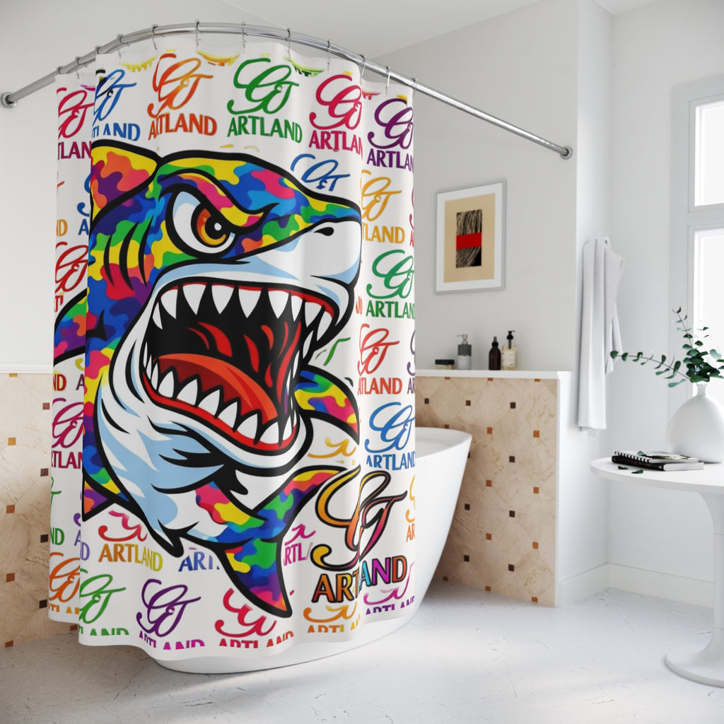 Colorful Designer Killa Rainbow Camouflage Shark GT Shower Curtain | Pop Art Logo Pattern by GT Artland