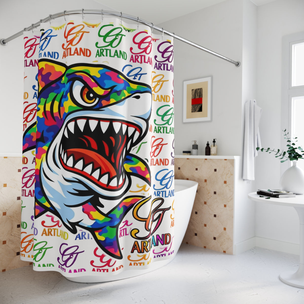 Colorful Designer Killa Rainbow Camouflage Shark GT Shower Curtain | Pop Art Logo Pattern by GT Artland