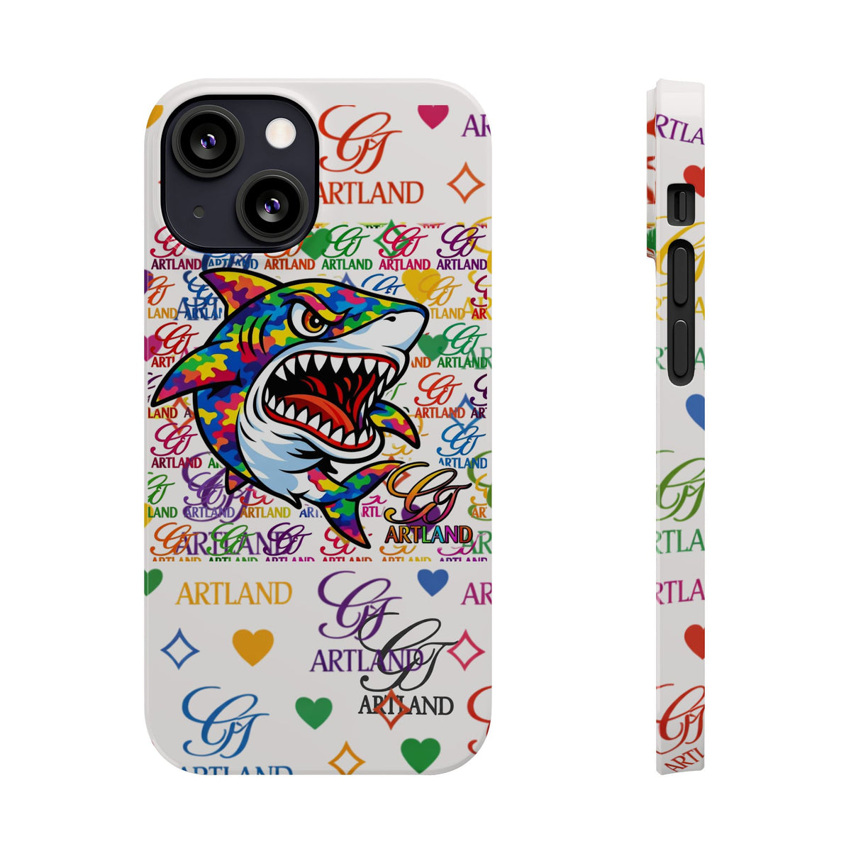 Colorful Designer Shark GT Illustration Slim Phone Case | Rainbow Logo Pattern by GT Artland