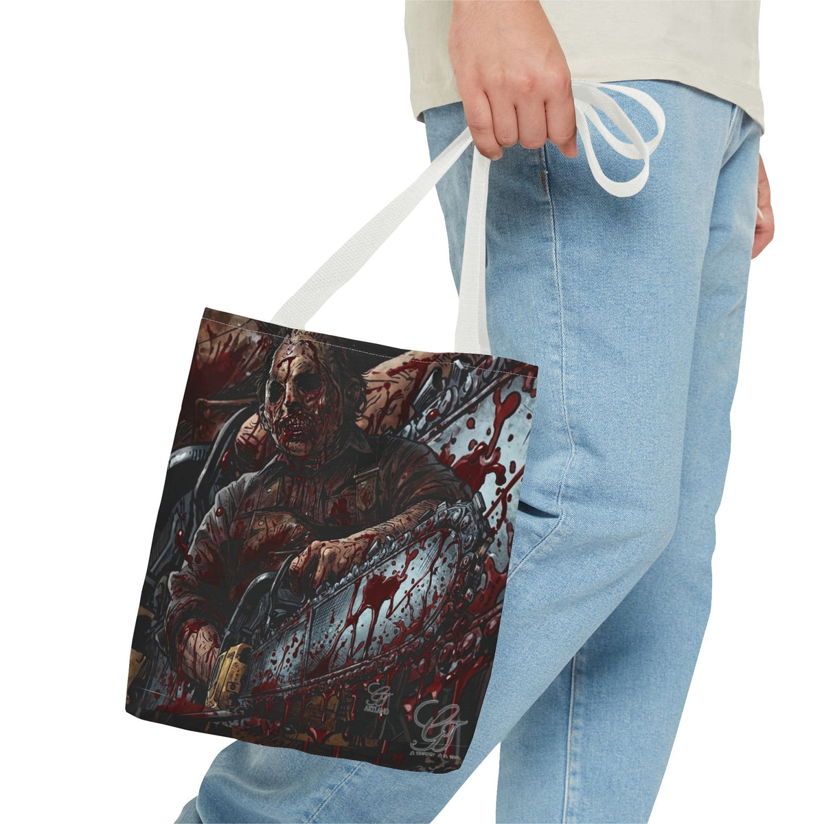 Bloody Zombie Chainsaw Tote Bag | Horror Thriller by GT Artland