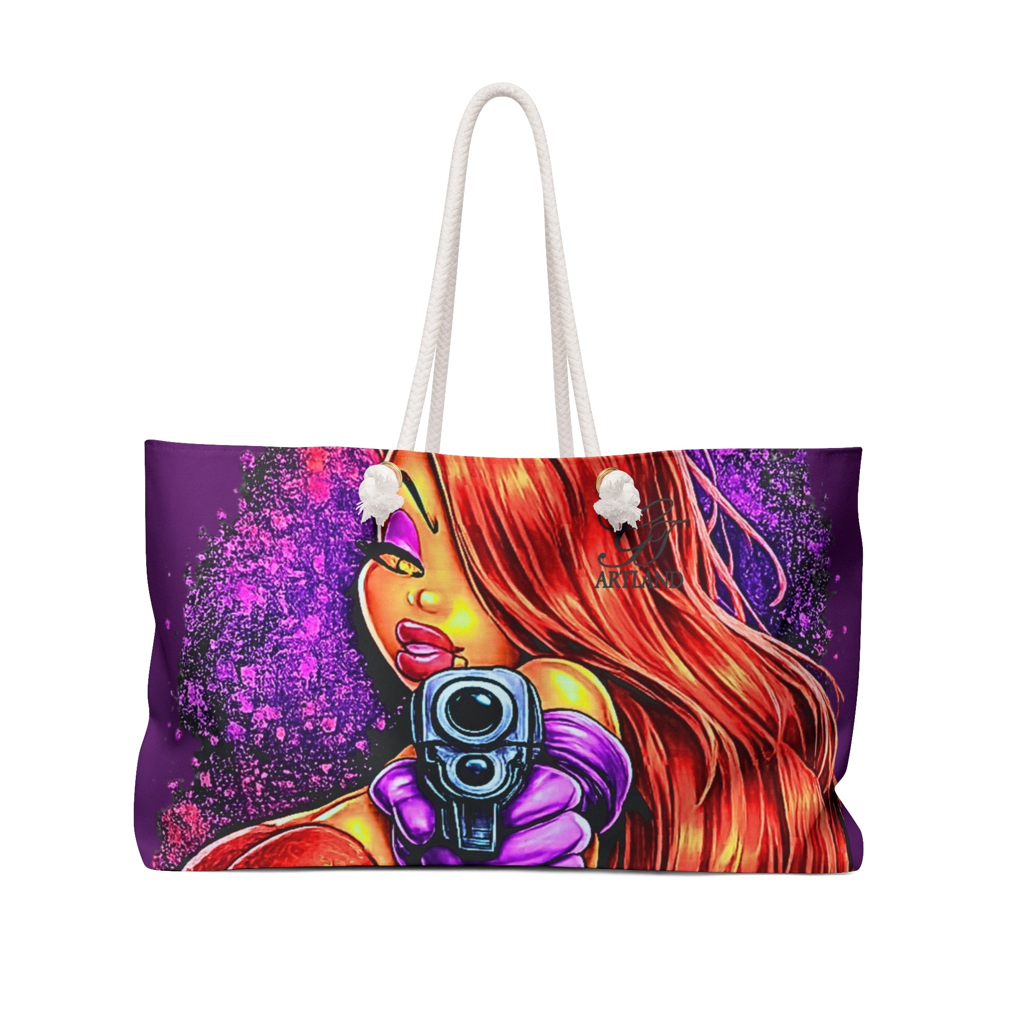 Rabbit Pin Up Vixen Military Woman Pointing Gun Weekender Bag | Bold Pop Art Illustration by GT Artland