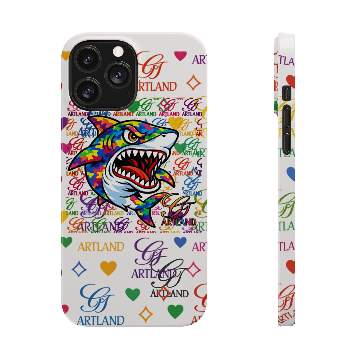 Colorful Designer Shark GT Illustration Slim Phone Case | Rainbow Logo Pattern by GT Artland