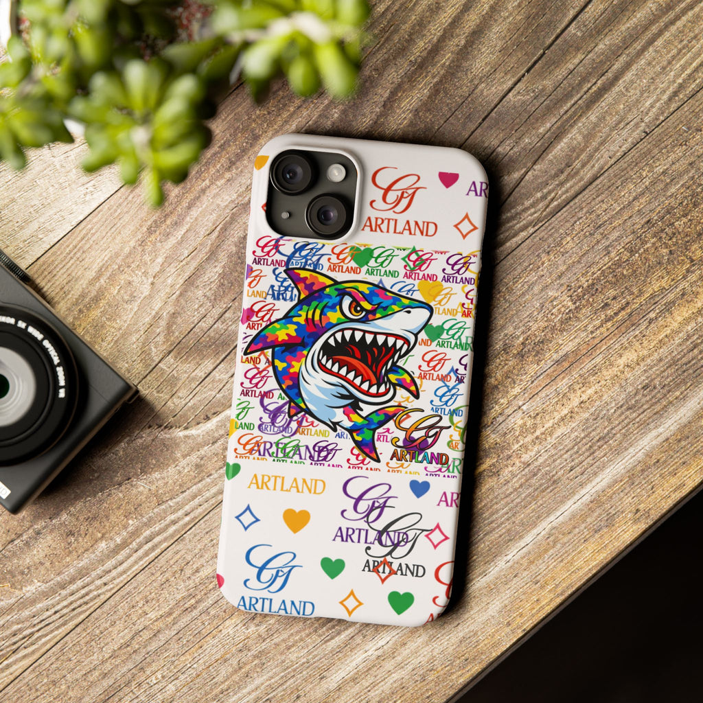 Colorful Designer Shark GT Illustration Slim Phone Case | Rainbow Logo Pattern by GT Artland