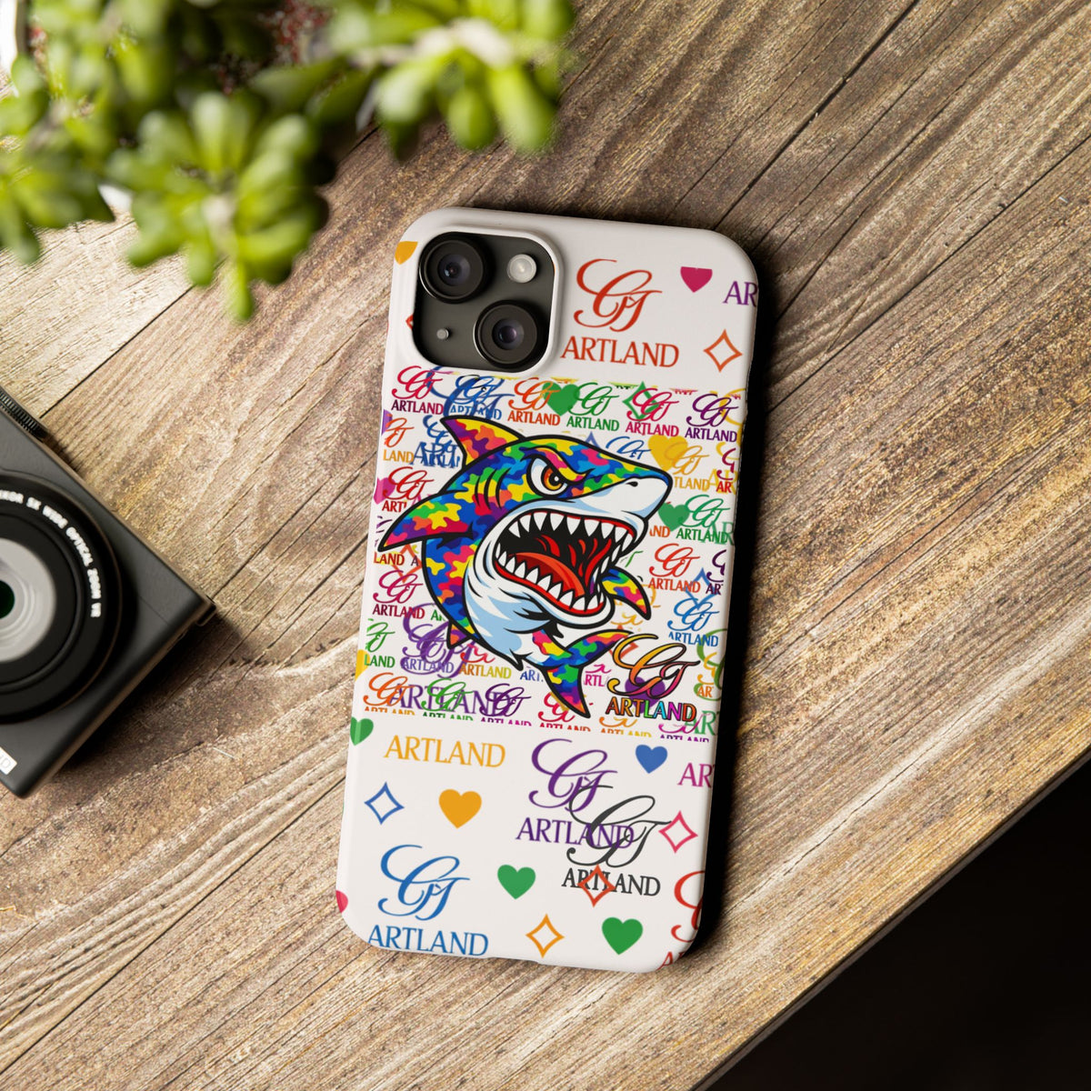 Colorful Designer Shark GT Illustration Slim Phone Case | Rainbow Logo Pattern by GT Artland