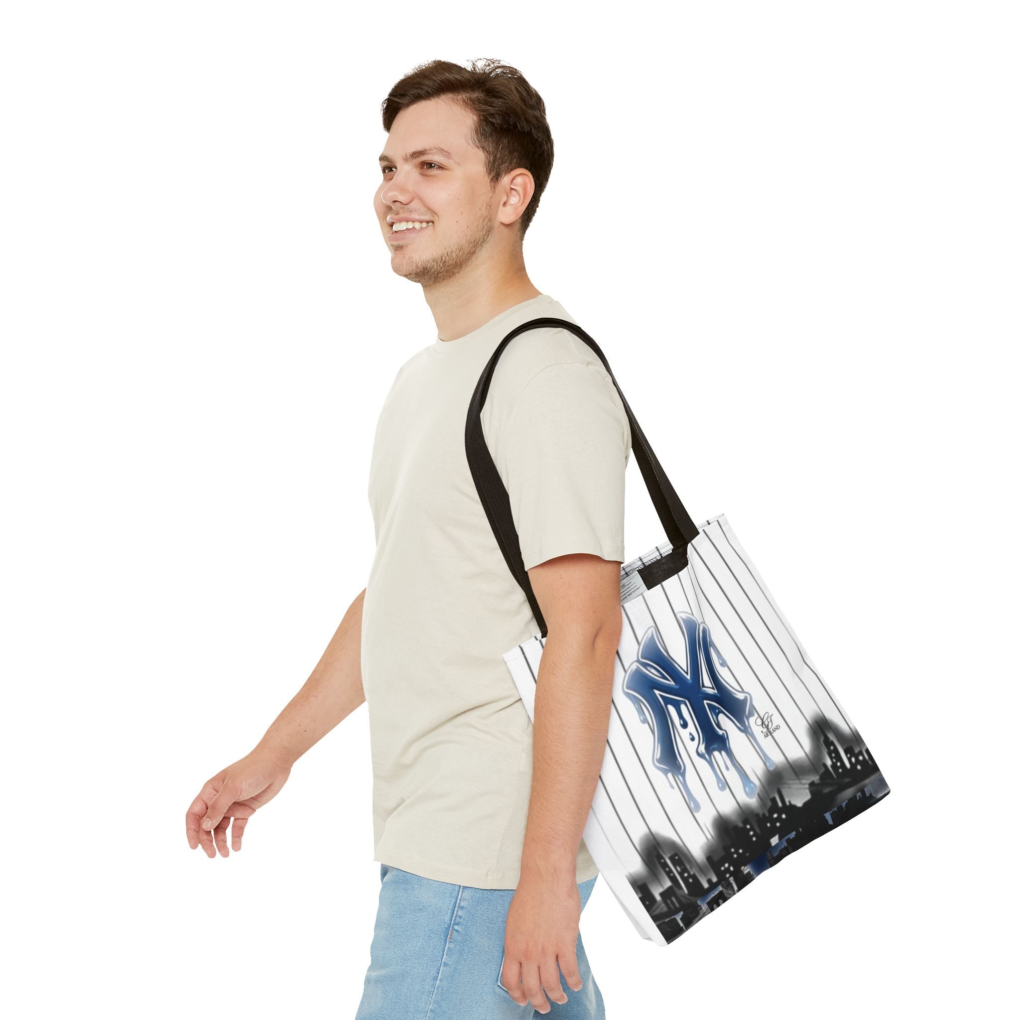 Drip NY Fan Gear Logo Pinstripe Tote Bag — Urban Baseball Cityscape by GT Artland