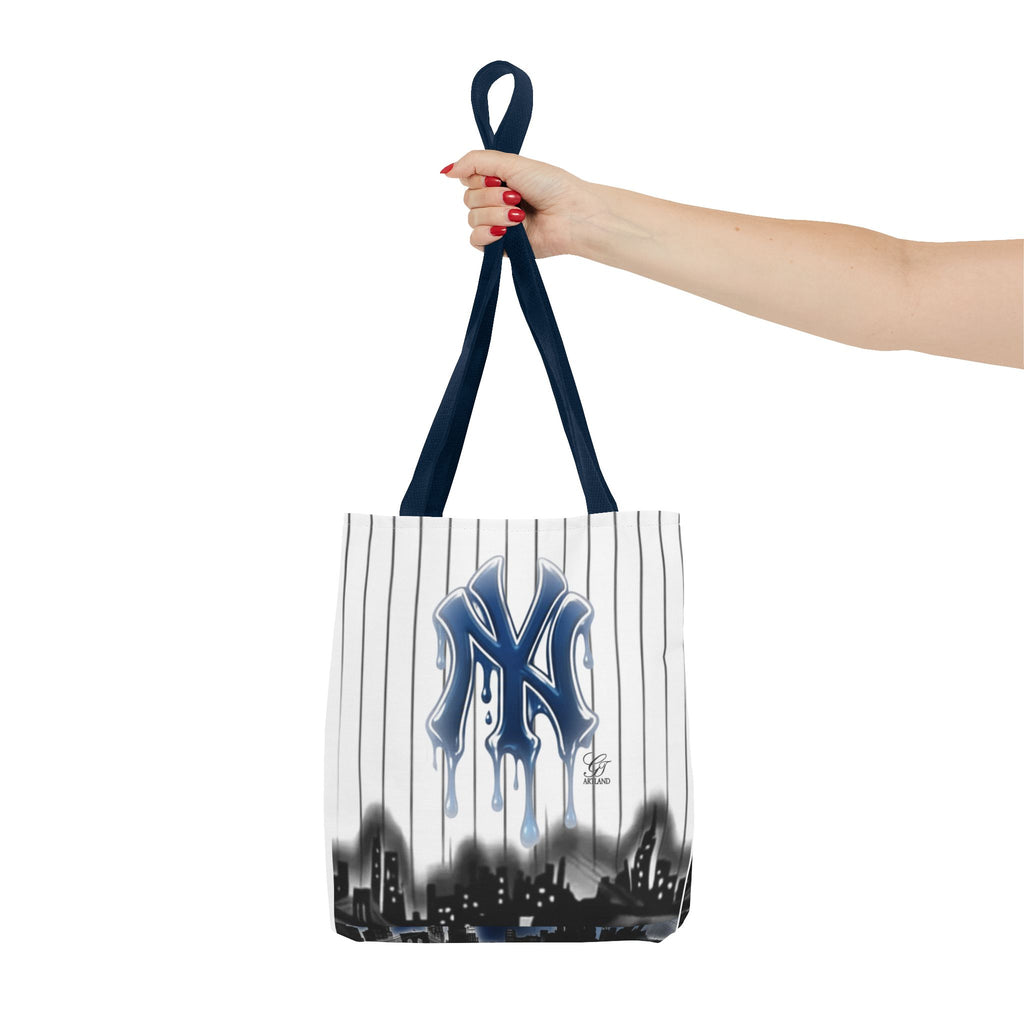 Drip NY Fan Gear Logo Pinstripe Tote Bag — Urban Baseball Cityscape by GT Artland