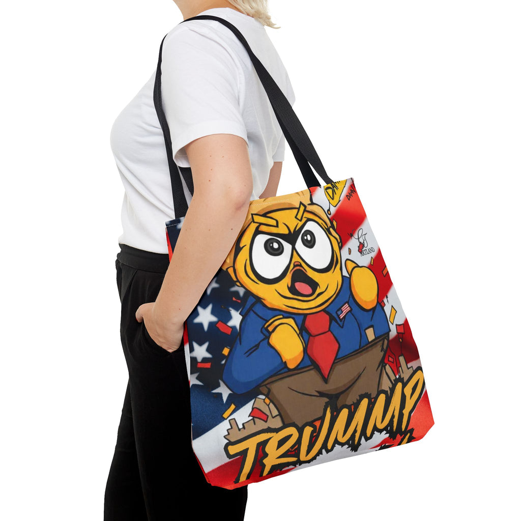 Patriotic Cartoon Politician Tote Bag – American Flag Trump Chicken Design by GT Artland