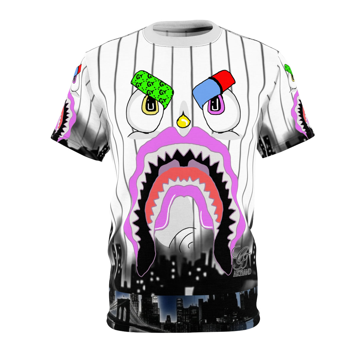 Shark Face Designer Graphic Tee | All-Over Print City Skyline Jersey Style by GT Artland