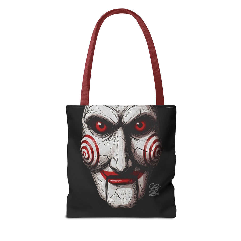 Doll Clown Horror Designer Face Tote Bag | Creepy Red Swirl Puppet Design by GT Artland