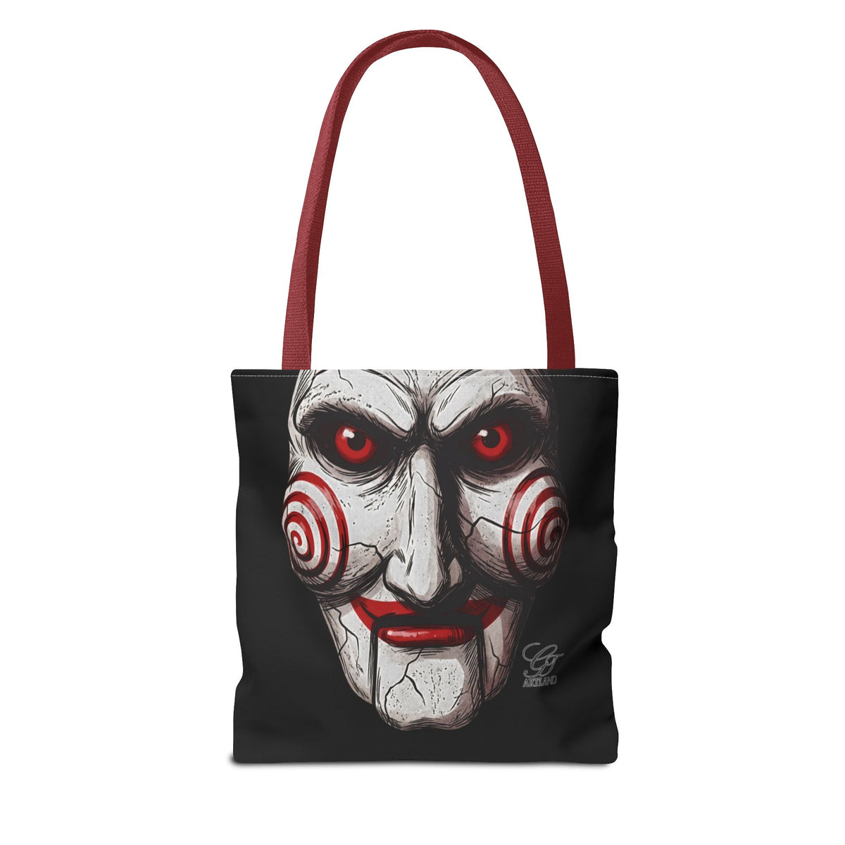 Doll Clown Horror Designer Face Tote Bag | Creepy Red Swirl Puppet Design by GT Artland
