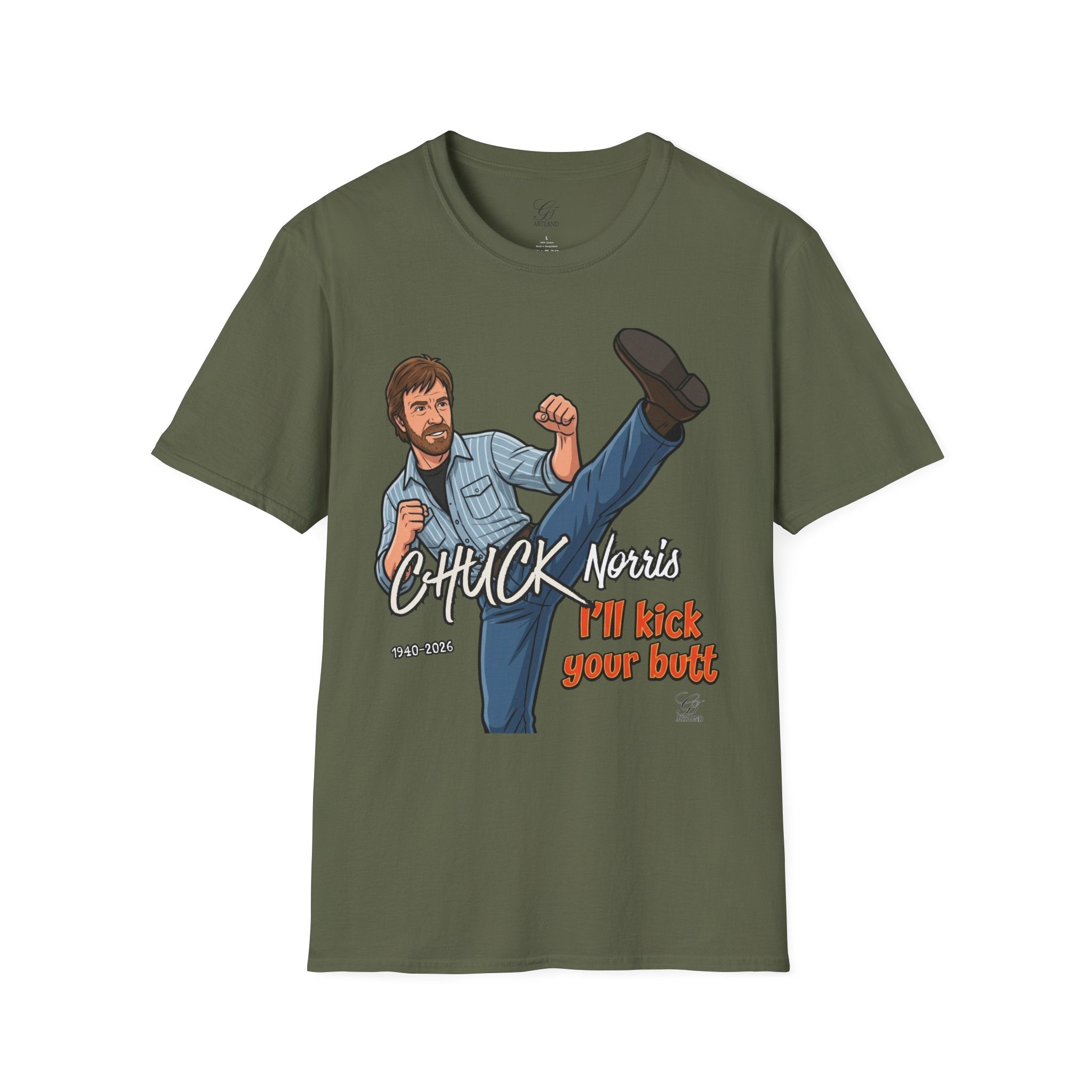 Chuck Norris Kick Illustration T-Shirt | I'll Kick Your Butt text by GT Artland