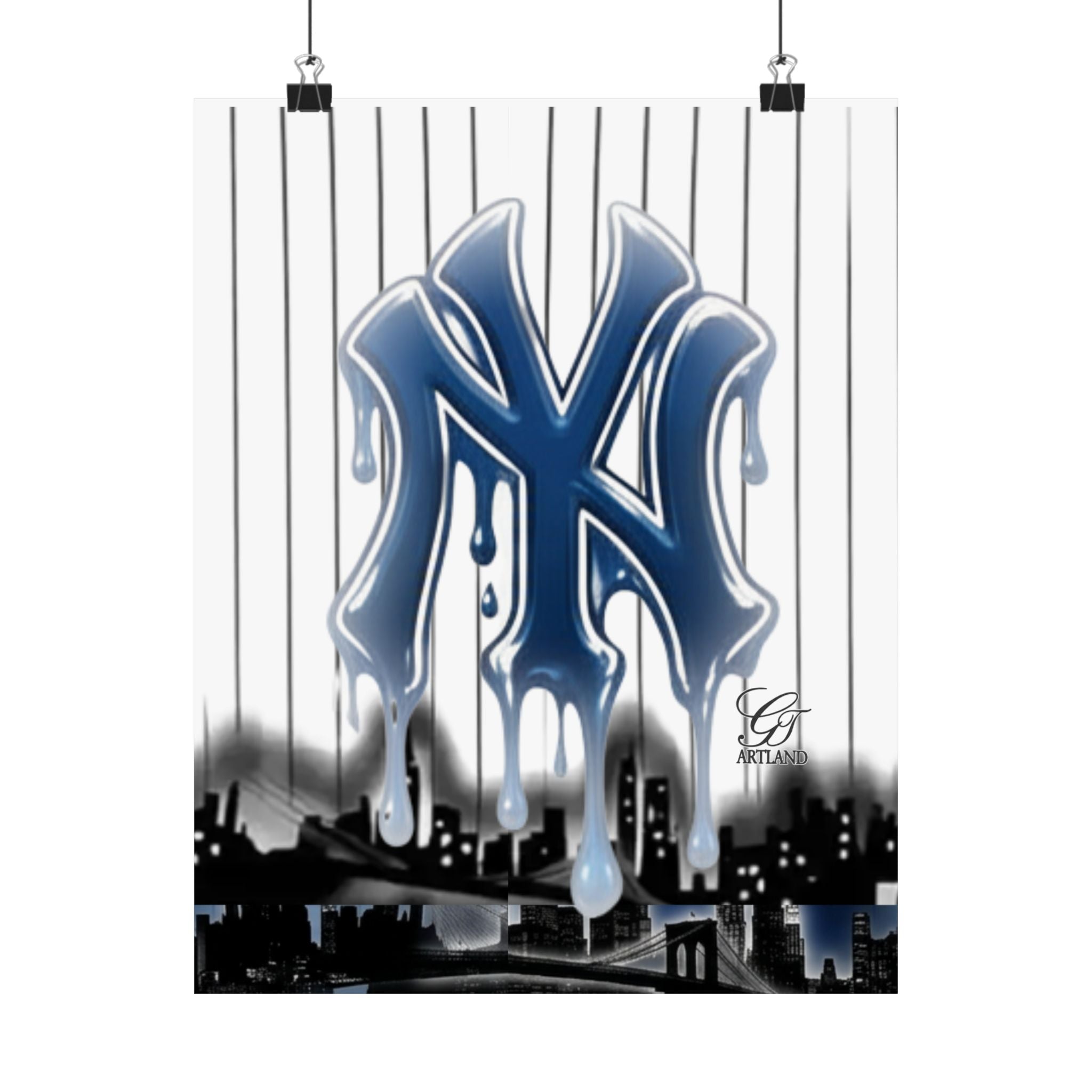 Dripping NY Logo Matte Vertical Poster | Baseball Pinstripe Art by GT Artland