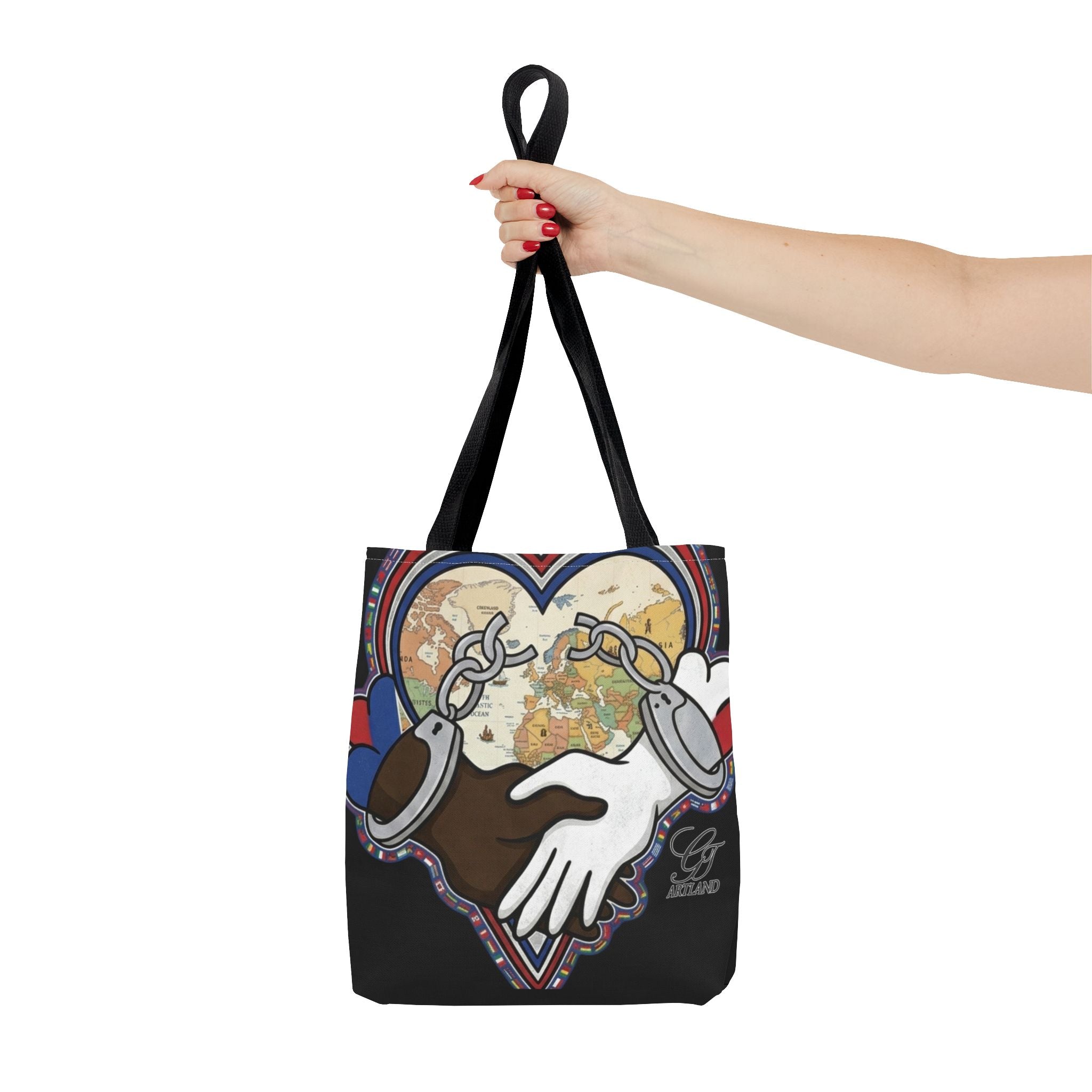 Interracial Unity Heart Handcuffs Tote Bag | All-Over Print by GT Artland