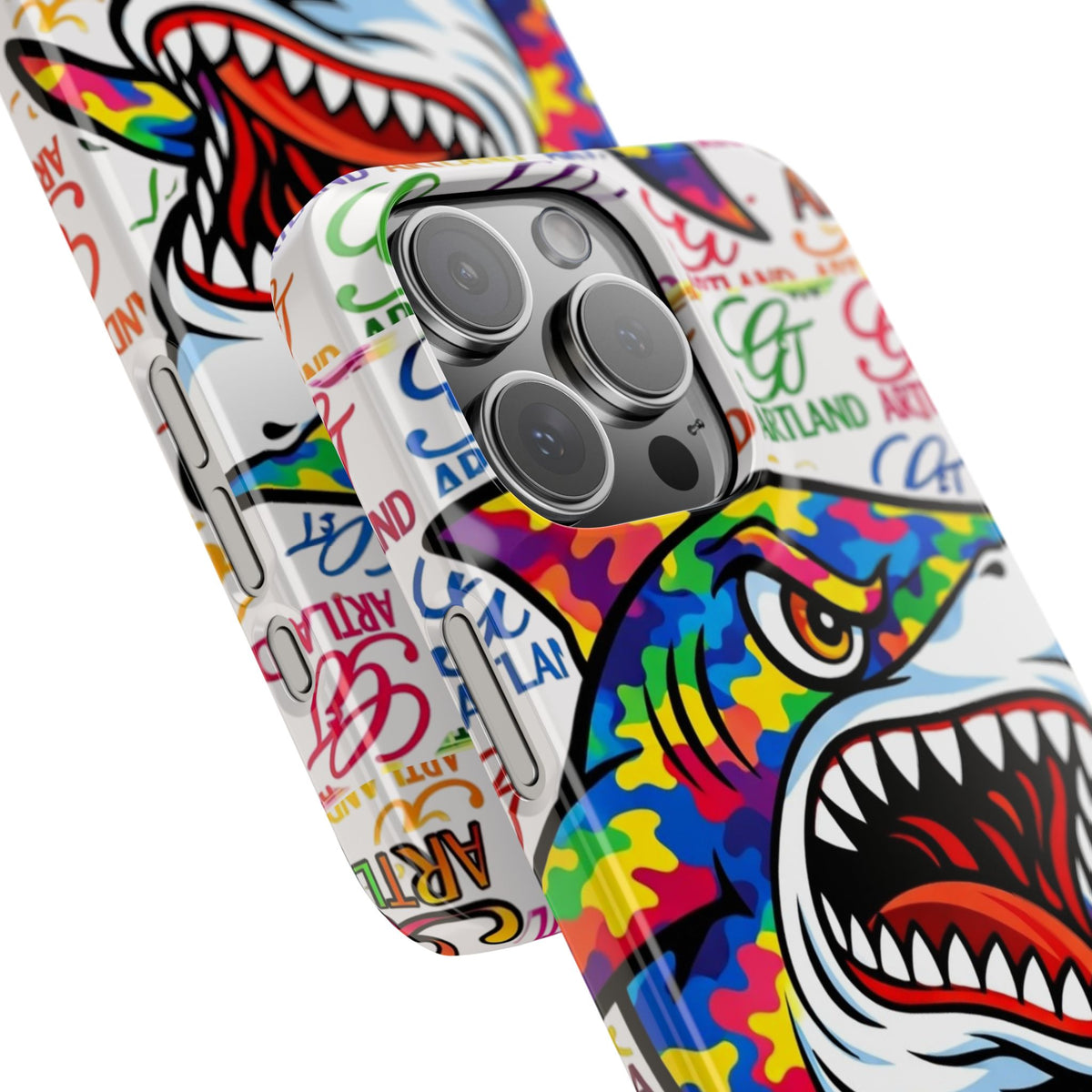 Colorful Camo Designer Shark GT Slim Phone Case | Vibrant Graphic, Artland Logo Background by GT Artland