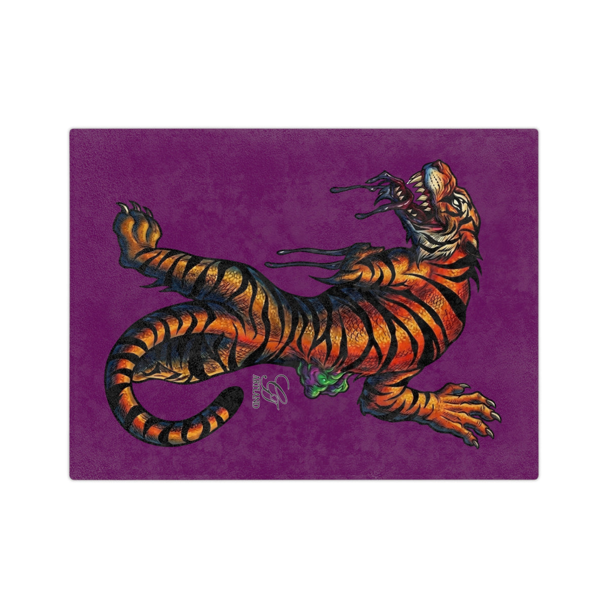 Dripping Tiger Illustration Velveteen Microfiber Blanket | Purple Background by GT Artland