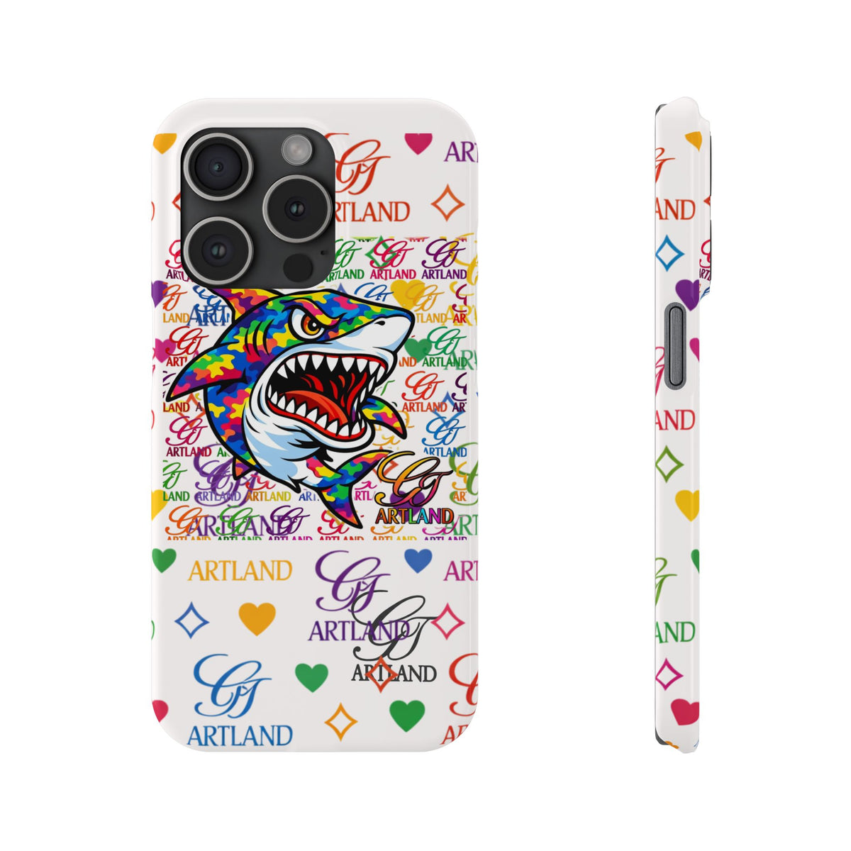 Colorful Designer Shark GT Illustration Slim Phone Case | Rainbow Logo Pattern by GT Artland