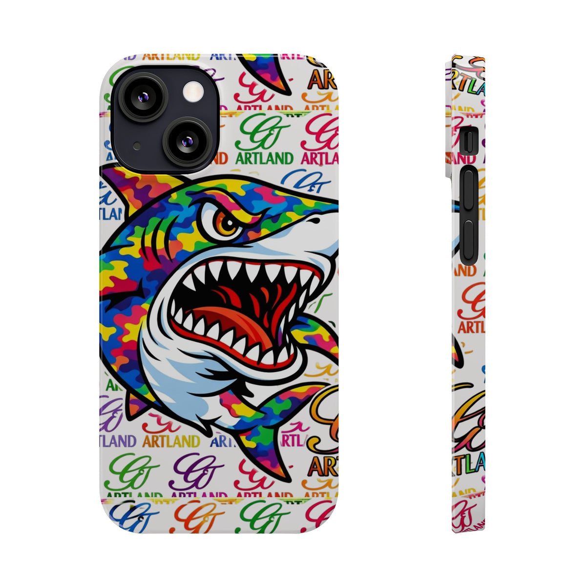 Colorful Camo Designer Shark GT Slim Phone Case | Vibrant Graphic, Artland Logo Background by GT Artland