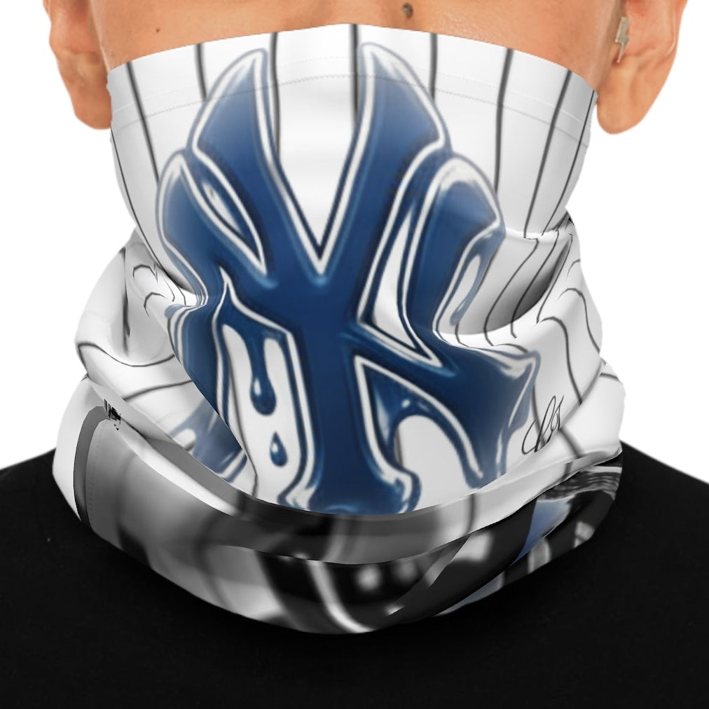 NYC Drip Skyline Neck Gaiter — Blue Dripping NY Logo on Pinstripe Cityscape by GT Artland