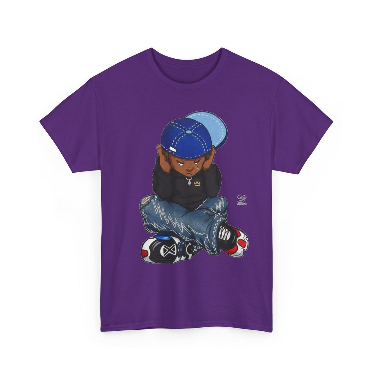 Ebony Sad Kid Illustration T-Shirt | Sitting Boy Graphic Tee b