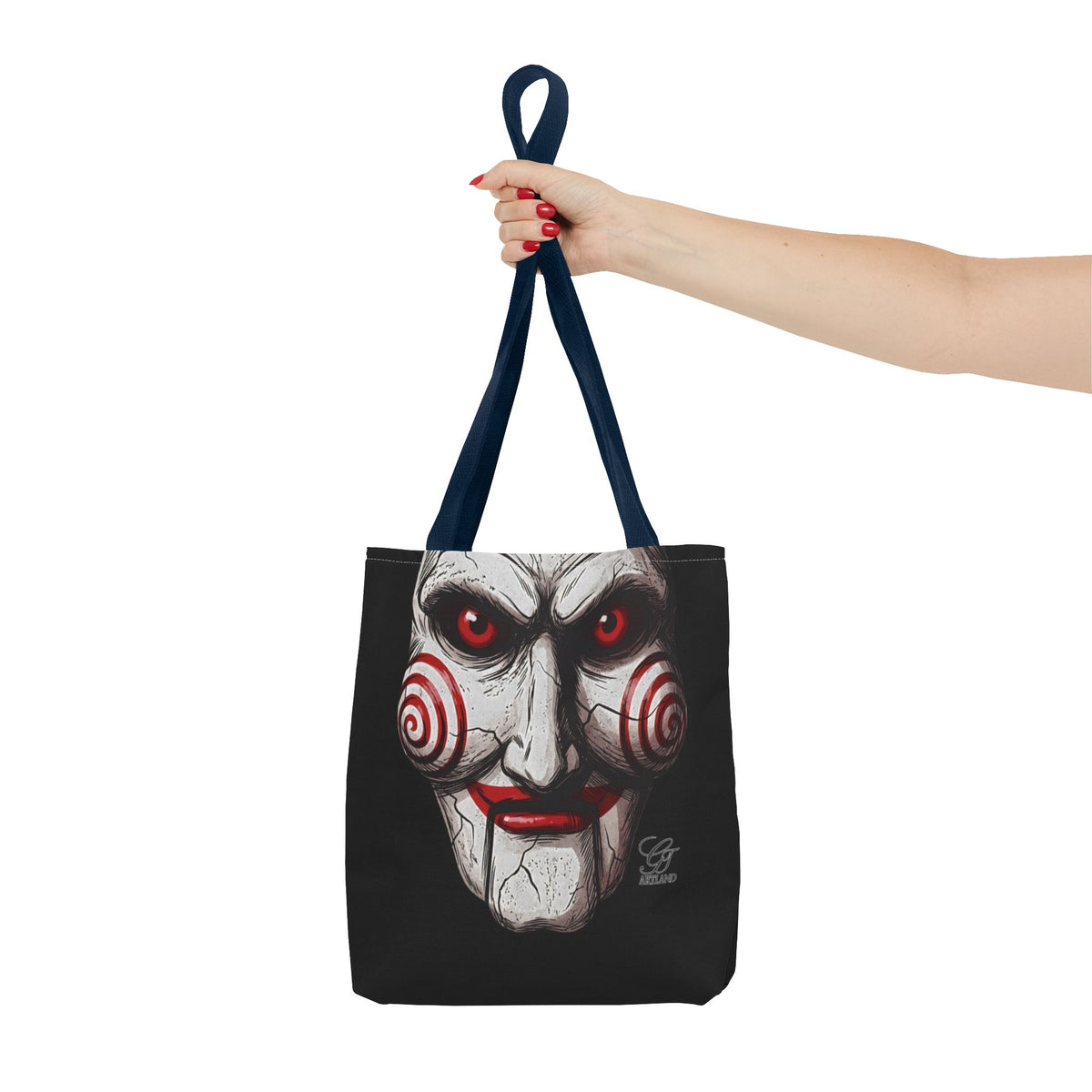 Doll Clown Horror Designer Face Tote Bag | Creepy Red Swirl Puppet Design by GT Artland