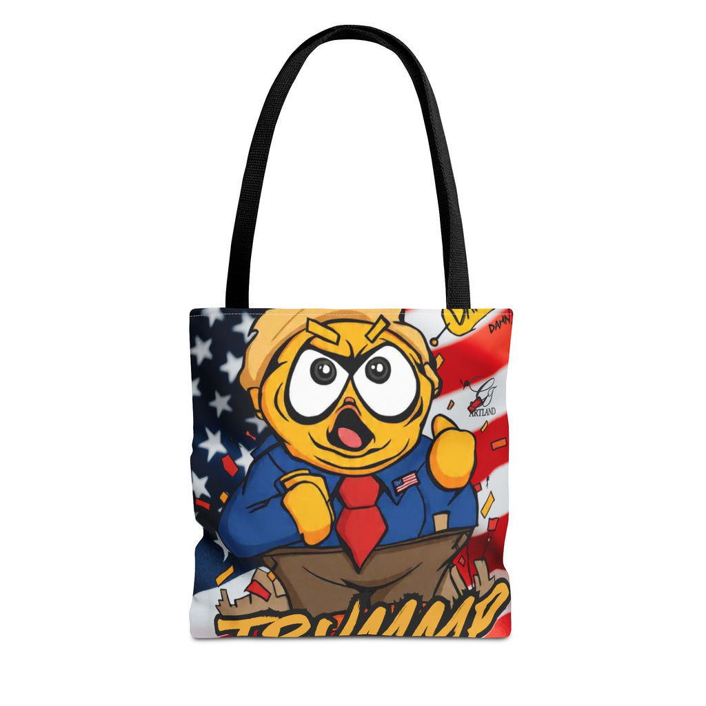 Patriotic Cartoon Politician Tote Bag – American Flag Trump Chicken Design by GT Artland
