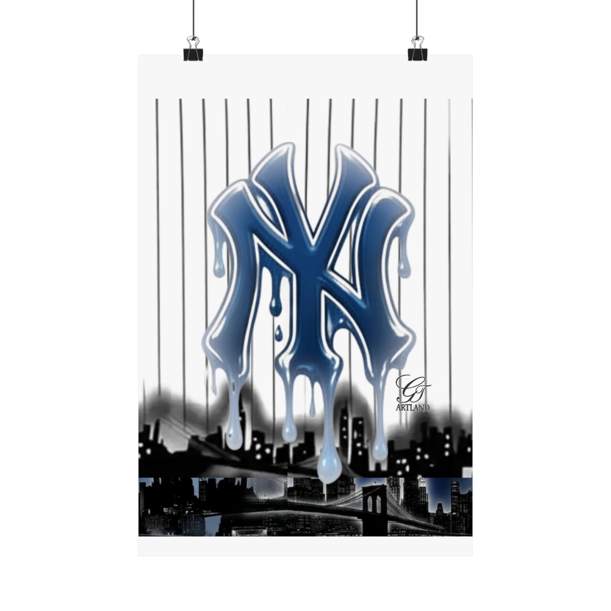 Dripping NY Logo Matte Vertical Poster | Baseball Pinstripe Art by GT Artland