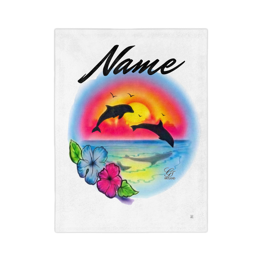Airbrush Sunset Dolphins Velveteen Microfiber Blanket | Tropical Hibiscus Ocean Scene by GT Artland