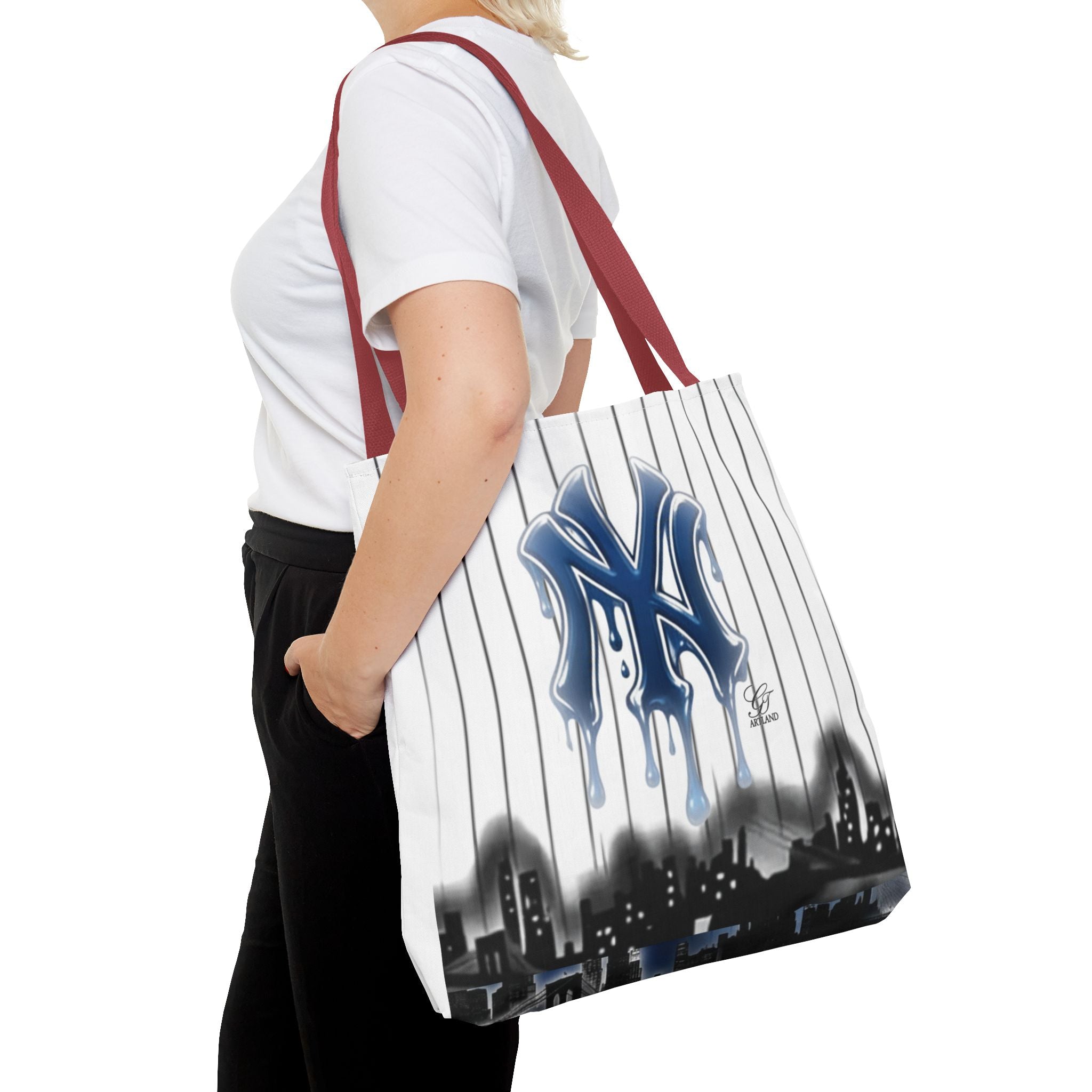 Drip NY Fan Gear Logo Pinstripe Tote Bag — Urban Baseball Cityscape by GT Artland