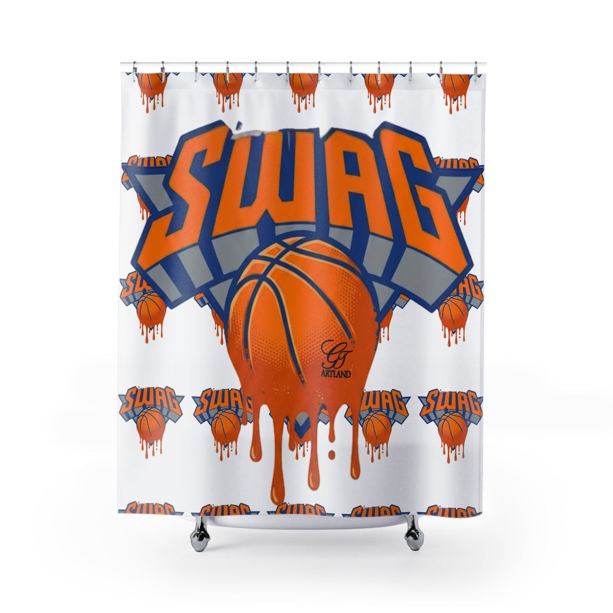SWAG Designer Drip Basketball Shower Curtain | Sports Theme, Orange Blue by GT Artland