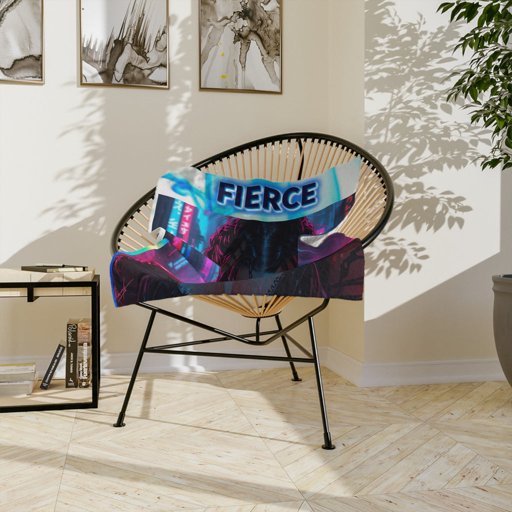 Neon Cyberpunk "Fierce" Female Velveteen Blanket | Fierce Retro Futuristic Art