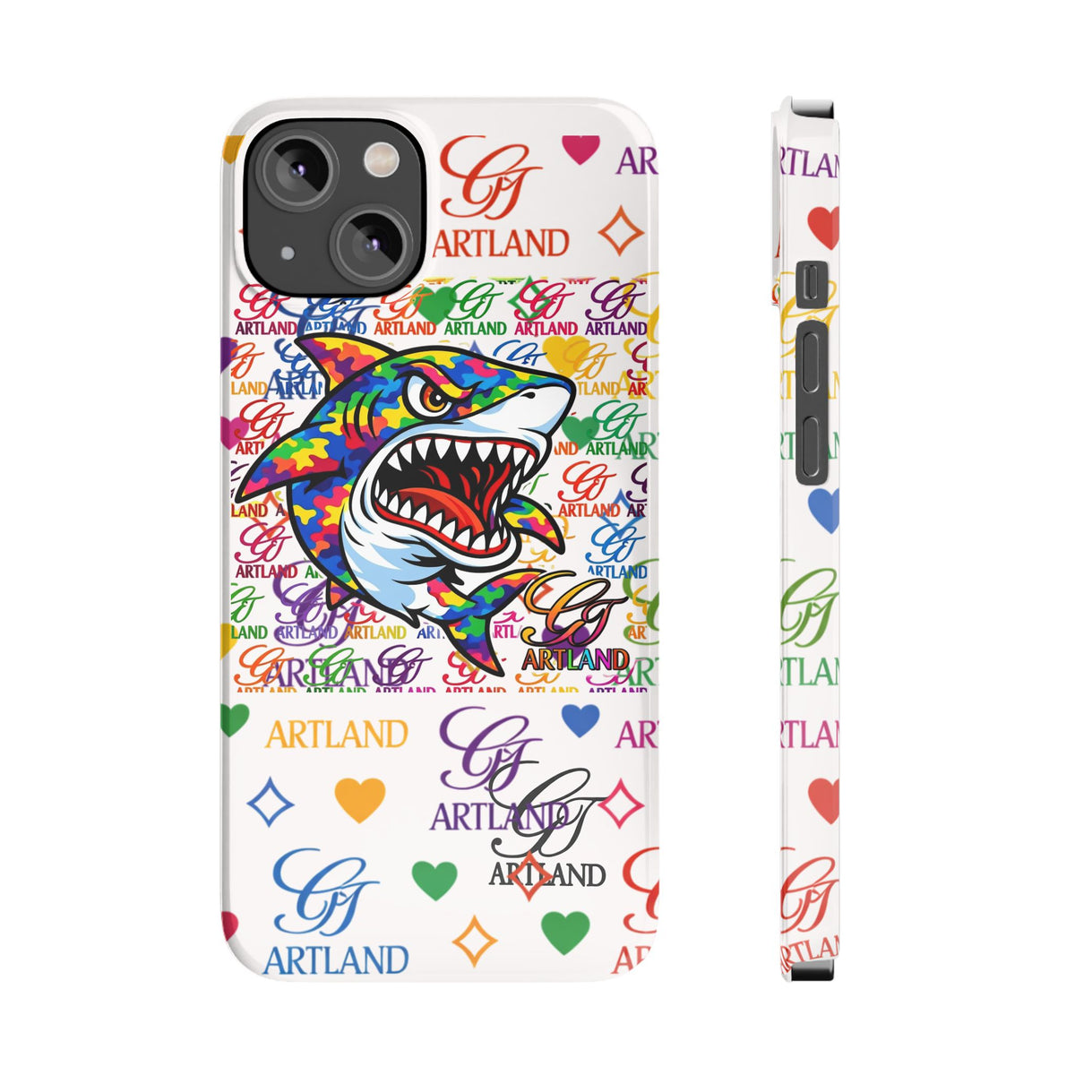 Colorful Designer Shark GT Illustration Slim Phone Case | Rainbow Logo Pattern by GT Artland