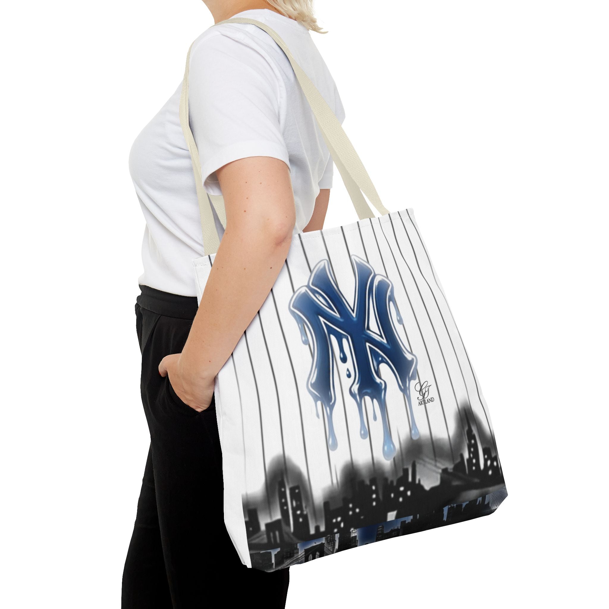 Drip NY Fan Gear Logo Pinstripe Tote Bag — Urban Baseball Cityscape by GT Artland