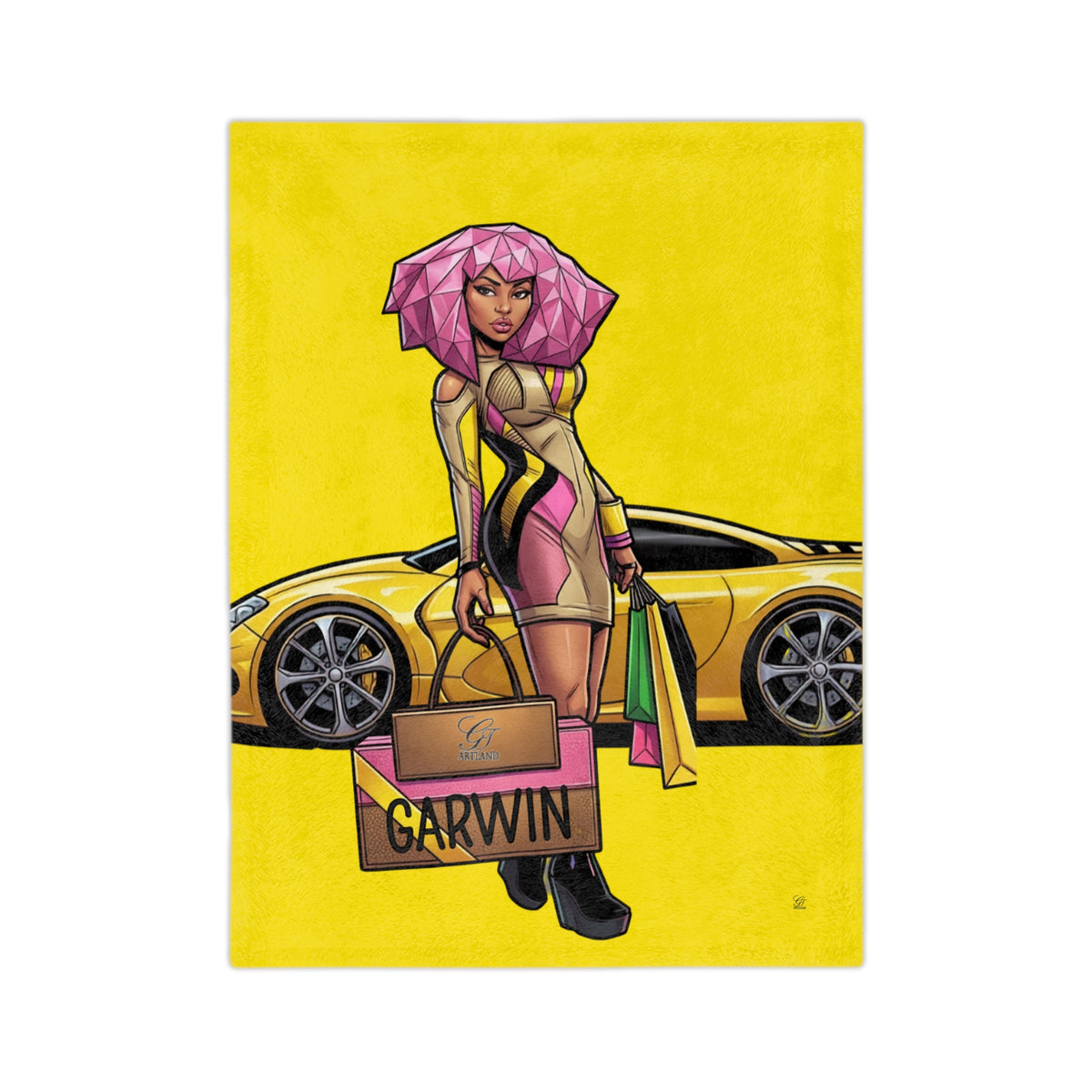 Pink Hair Vixen Fashion Queen Velveteen  Yellow Blanket | Trail Running Design by GT Artland
