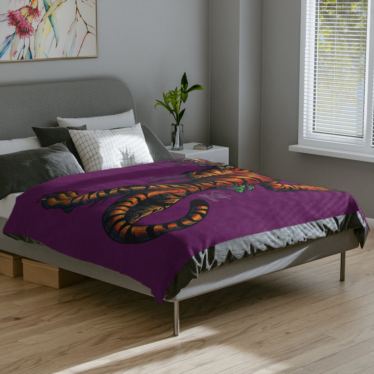 Dripping Tiger Illustration Velveteen Microfiber Blanket | Purple Background by GT Artland
