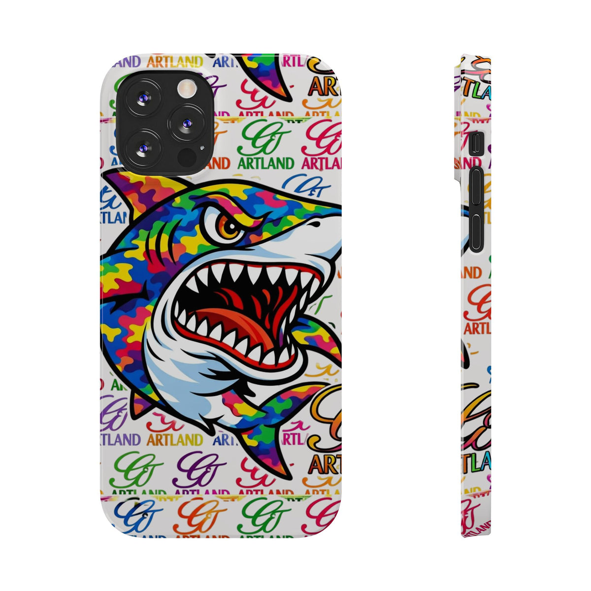 Colorful Camo Designer Shark GT Slim Phone Case | Vibrant Graphic, Artland Logo Background by GT Artland