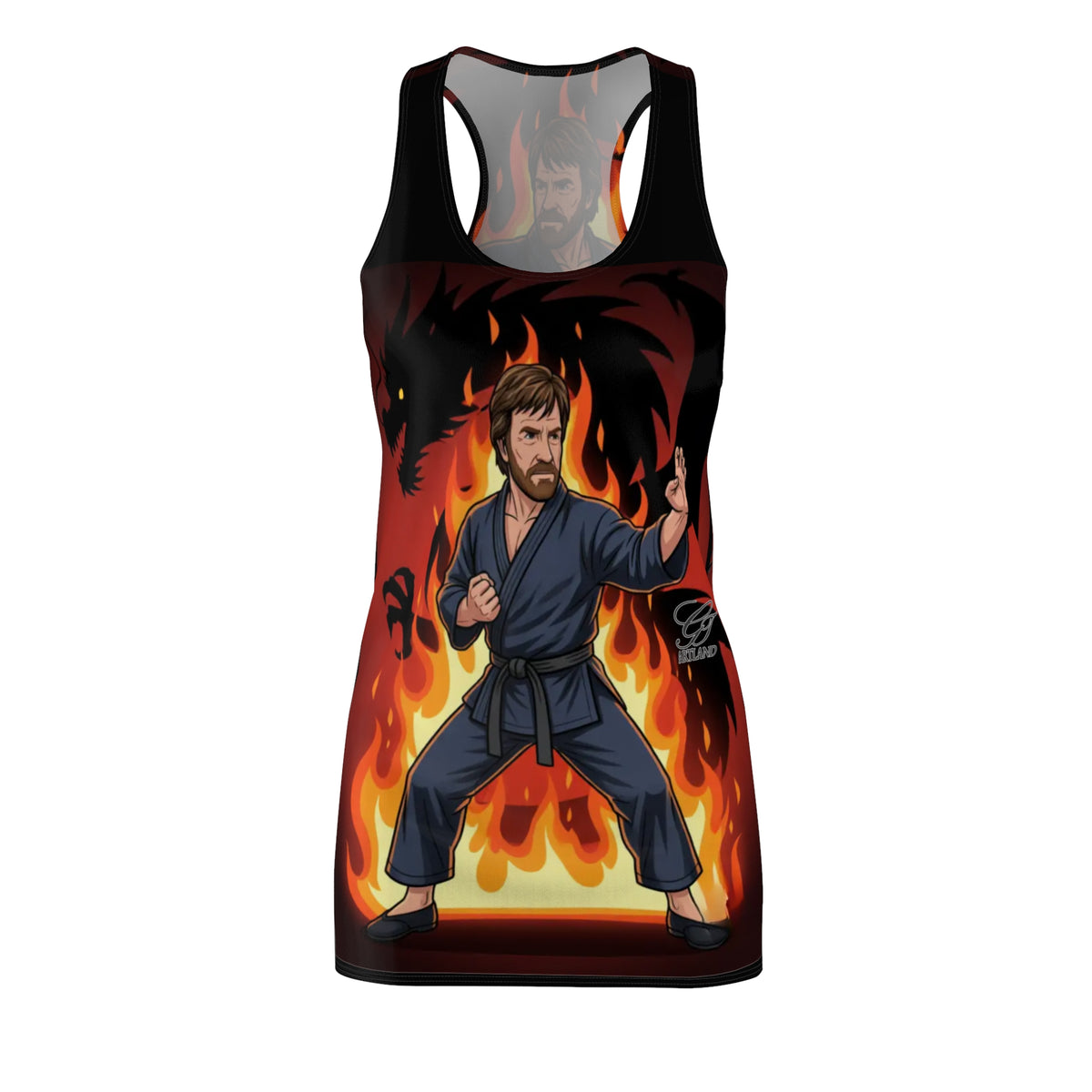 Karate Fighter Chuck Norris with Flaming Dragon Racerback Dress | Martial Arts by GT Artland