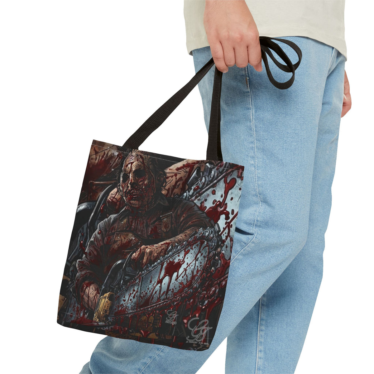 Bloody Zombie Chainsaw Tote Bag | Horror Thriller by GT Artland
