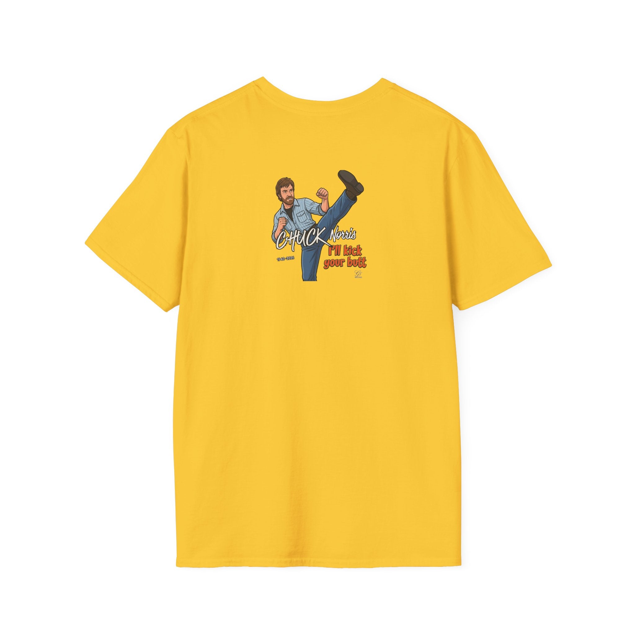 Chuck Norris Kick Illustration T-Shirt | I'll Kick Your Butt text by GT Artland
