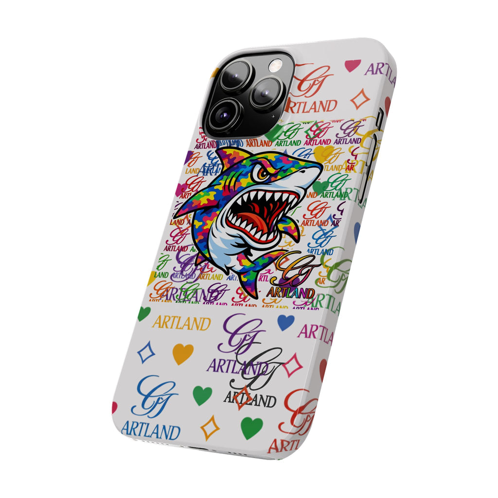 Colorful Designer Shark GT Illustration Slim Phone Case | Rainbow Logo Pattern by GT Artland