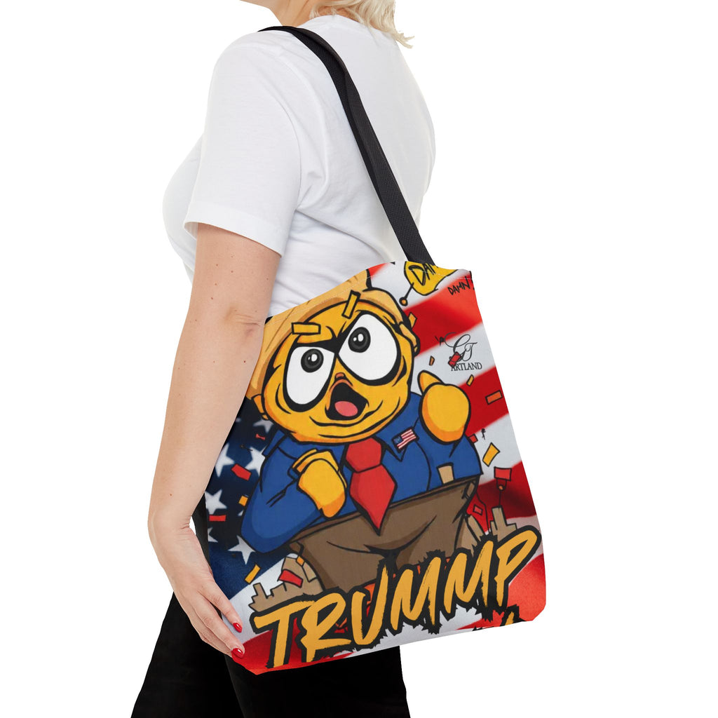 Patriotic Cartoon Politician Tote Bag – American Flag Trump Chicken Design by GT Artland